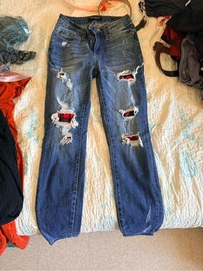 Judy Blue Distressed Blue Boyfriend Jeans with Red Plaid Underlay